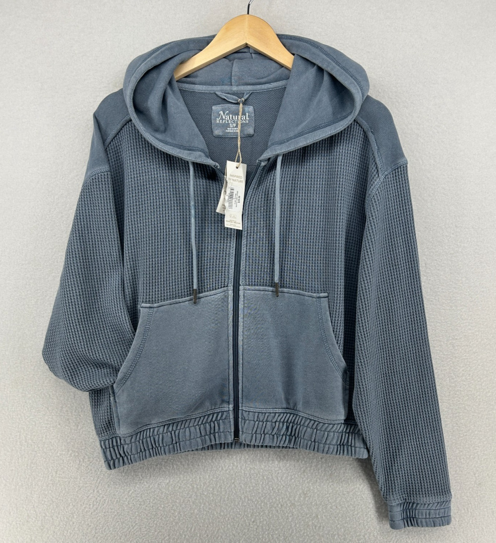 NATURAL REFLECTIONS Hoodie S Flint Stone Waffle Thermal Full Zip Blue NEW